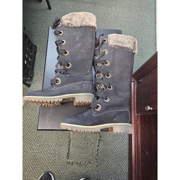Womens Timberland Fur Tongue black Leather Tall Boots Size 6M - Picture 10 of 11